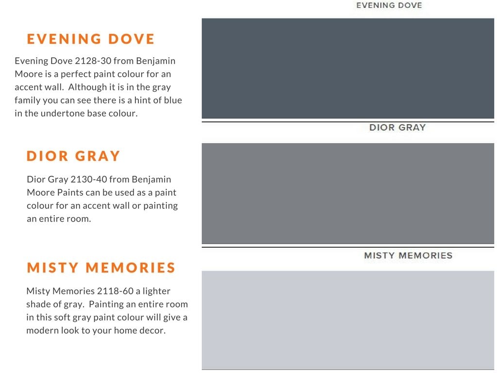 paint colours evening dove, dior gray and mistry memories from benjamin moore paints for interior painting of any room in the house 