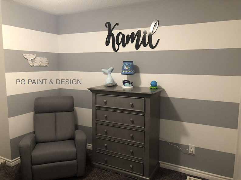 interior painting of baby’s nursery room with gray and white stripes designed by painters in Ottawa PG PAINT & DESIGN